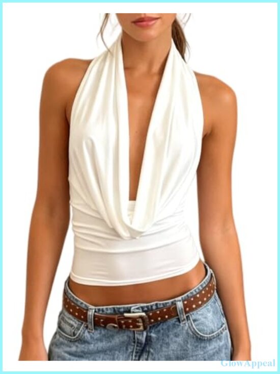 Tops - Women Cowl Neck Halter Top Draped Front Backless Ruched Crop Going Out Tank